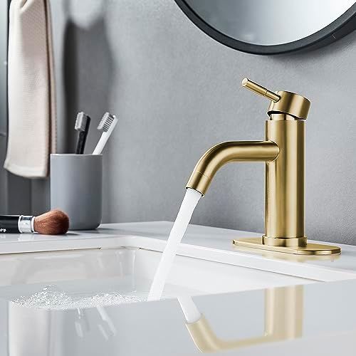 Single Hole Bathroom Sink Faucet Brushed Gold, Modern Single Handle Bathroom Faucet Commercial Stainless Steel Basin Faucet with Drain - Image 6
