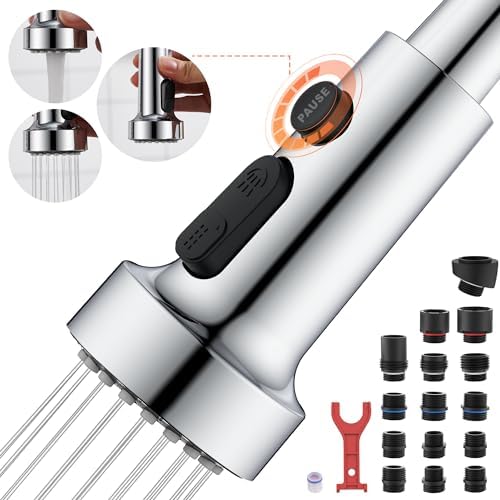 TIORIY Kitchen Faucet Spray Head Replacement with 15 Adapters, Plastic Spray Nozzle for Kitchen Faucet 3 Modes, Compatible with American Standard Faucets, Pause Mode (Chrome) by TIORIY