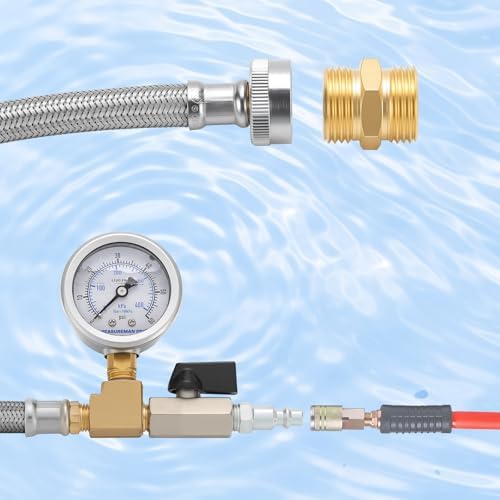 MEASUREMAN Garden Hose Blowout Kit, 0–60 PSI Pressure Gauge, 12'' Stainless Steel Braided Hose, 3/4 Inch GHT, 1/4 Inch Quick Connect Blowout Plug with Shut Off Valve for Garden Faucet - Image 4