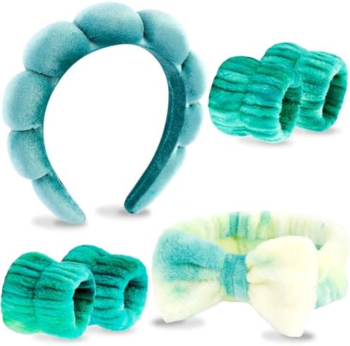 VELSCRUN Spa Headband, Makeup Face Wash Skincare Headbands, 6 Pcs Green Colorful Sponge Bow Tie Get Ready HairBand Facial Wristband Set, Stuff for Teen Girls Women Trendy Fashion Hair Accessories by VELSCRUN