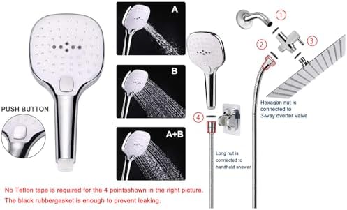 NearMoon Shower Head with Hose, High Pressure Stainless Steel Rain Shower and 3 Settings Handheld Spray Combo with Push Button Flow Control (8 Inch, Chrome Finish) - Image 3
