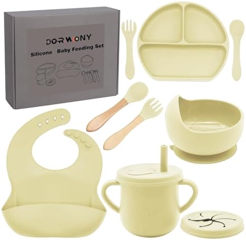 100% Silicone baby feeding set,BPA free Baby dishes set with Suction Bowl Divided Plate,Toddler Self Feeding Dish Set with Spoons Forks Sippy Cup And Bib, Baby Eating Utensils (Yellow) by Dormlony