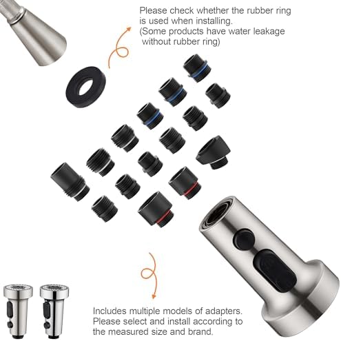 TIORIY with 15 Adapters Pull Down Kitchen Sink Faucet Head Replacement, 3 Functions Plastic Kitchen Sink Sprayer Nozzle Replacement for Kitchen Faucet, Pause Mode (Brushed Nickel) - Image 3