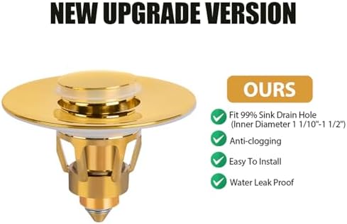 Three colors Bathroom Sink Stopper, 1.1-1.5" Bathroom Sink Drain Strainer, Universal WashBasin Pop Up Drain Stopper, Bounce Core Push Type Sink Plug, Anti-Clogging, Stainless Steel (Gold,1PCS) - Image 3