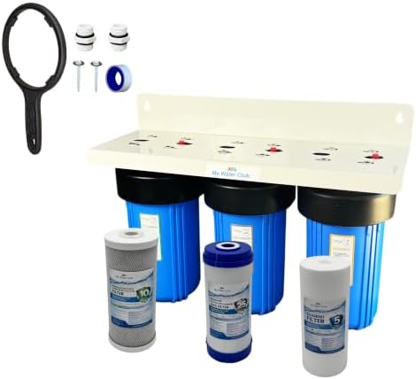 3-Stage Whole House Water Filter System, 1" NPT Brass Ports - Big Blue 10"x4.5" Housings, Sediment + GAC + Coconut Carbon Block, Wrench & Install Kit by MyWaterClub