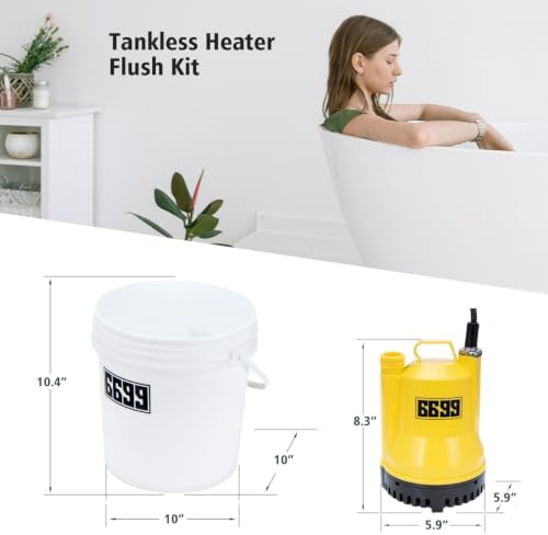 Tankless Water Heater Descaling Flush Kit Includes Submersible Utility Pump with Adapters 3 Gallons Pail with Bucket Lid Opener and Two 3/4" GHT X 6FT PVC Black Hoses Easy Installation to Clean - Image 6
