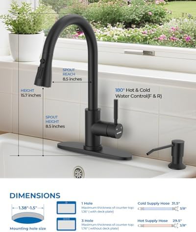 WEWE Kitchen Faucet with Soap Dispenser, Pull-Down Sprayer, Matte Black - Image 2