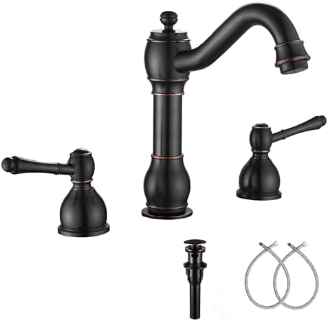 2 Handles 3 Holes Faucet Widespread Bathroom Sink Faucet Basin Tap Mixer Supply Hose Included Matching Pop Up Drain Oil Rubbed Bronze by GGStudy
