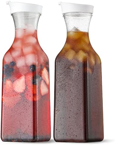 NETANY Plastic 50 Oz Water Carafe with Flip Top Lid, Set of 2 Square Base Juice Containers, Clear Plastic Pitcher - for Water, Iced Tea, Juice, Beverage, Cold Brew and Mimosa Bar - HAND WASH ONLY by NETANY