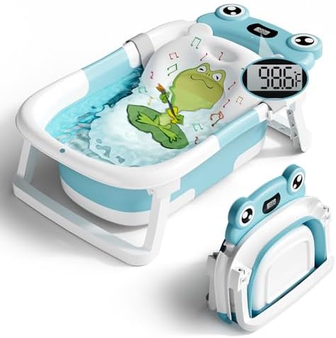 BUNWAG Baby Bathtub, Collapsible Newborn Bathtub for Infant to Toddler with Soft Cushion and Thermometer,Portable Travel Newborn Tub with No-Slip Feet, Baby Shower Gifts, 0-12 Months Baby Bath, Blue by BUNWAG