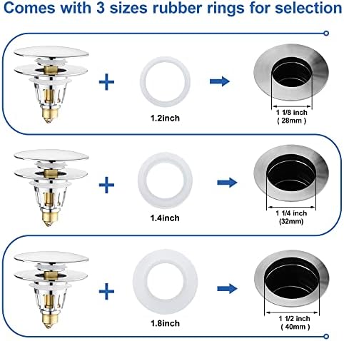 Universal 3-in-1 Bathroom Sink Stopper - Chrome Pop Up Sink Drain Stopper, Push Button Sink Drain Stopper Replacement, Wash Basin Drain Filter Plug with Anti-Clogging Strainer, (Large Cover) - Image 3
