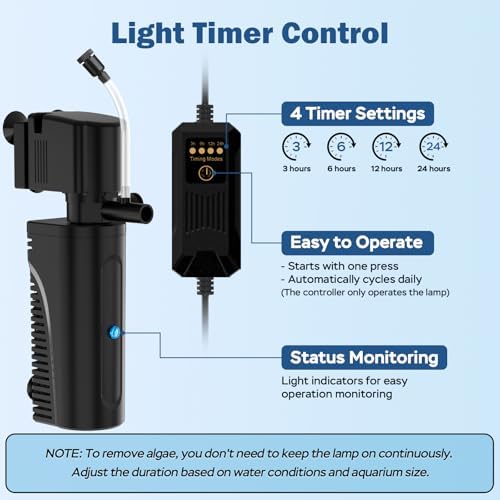 Aquarium U-V Filter for Green Water, Fish Tank Filter with U-V Light & Timer, Turtle Tank Filter with Dual Outlet & Aeration, for 10-30 Gallon Freshwater & Saltwater - Image 6