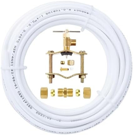 Ice Maker Water Line Kit for Refrigerator Water, Ice, and Reverse Osmosis Systems- NSF Certified, 25FT 1/4" OD Water line, Self Piercing Saddle Valve,1/4" OD Brass Compression Union by FloFlex