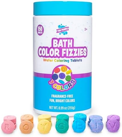 Tub Works® Bath Color Fizzies, 150 Count | Nontoxic & Fragrance-Free | Fizzy, Bath Color Tablets for Kids | Create Colorful Water Water Tablets in 7 Colors for Variety | Bath Bombs for Kids Bathtub by TubWorks