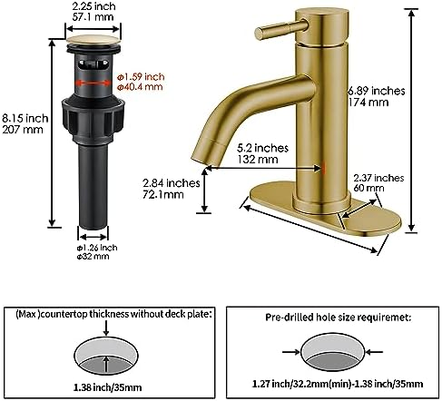 Single Hole Bathroom Sink Faucet Brushed Gold, Modern Single Handle Bathroom Faucet Commercial Stainless Steel Basin Faucet with Drain - Image 5