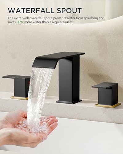 FORIOUS Bathroom Faucet 3 Hole,8 Inch Widespread Sink Faucet Black and Gold - Image 4