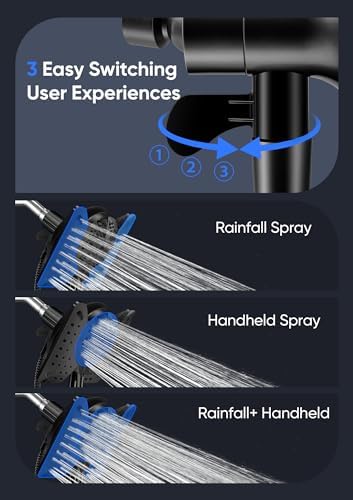 Shower Head with Handheld High Pressure, Rain Shower Head with Fixed Showerhead and 9 Sprays Handheld Shower, Detachable 2-IN-1 Shower head with 59" Rotatable Stainless Steel Hose (Black) - Image 3