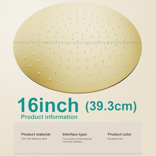 All Metal 16Inch Rain Shower Head - Heavy Duty Stainless Steel, Easy Install, High Water Flow, Ultra-Thin Modern Design for Bathroom (Brushed Gold) - Image 2