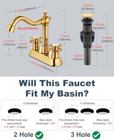 Aolemi 4 Inch Centerset Bathroom Sink Faucet 2 H&C Handle Polish Gold - Image 6