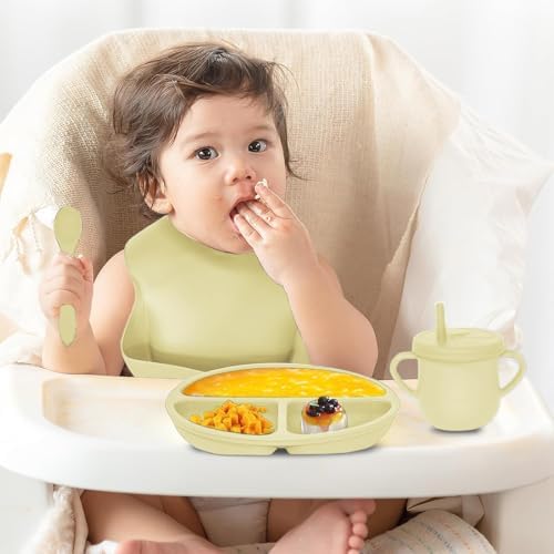 100% Silicone baby feeding set,BPA free Baby dishes set with Suction Bowl Divided Plate,Toddler Self Feeding Dish Set with Spoons Forks Sippy Cup And Bib, Baby Eating Utensils (Yellow) - Image 2