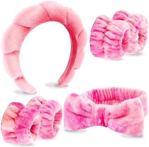 VELSCRUN Spa Headband, Makeup Face Wash Skincare Headbands, 6 Pcs Hot Pink Colorful Sponge Bow Tie Get Ready HairBand Facial Wristband Set, Stuff for Teen Girls Women Trendy Fashion Hair Accessories by VELSCRUN