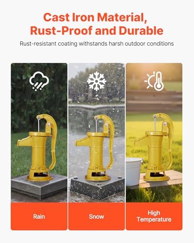 VEVOR Well Hand Pitcher Pump, 25 ft Maximum Lift, Antique Cast Iron Manual Hand Water Pump, NPT 1-1/4 in Connection, Easy Installation, Old Fashioned for Outdoor Garden, Pond, Backyard, Farm, Yellow - Image 3