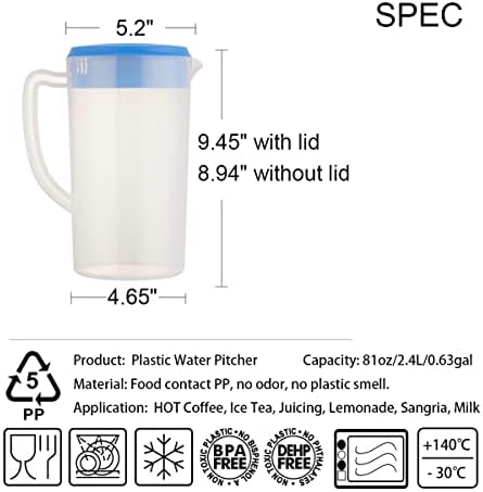 81oz/2.4Litre/0.63 Gallon Plastic Water Pitcher with Lid 2 pcs set BPA-FREE Carafes Mix Drinks Water Jug for Hot/Cold Juice Beverage Ice Tea (Blue and Green, 81oz) - Image 2