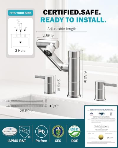 Frizzlife MF1080-X 8-Inch Widespread Bathroom Sink Faucet with Built-In Carbon Block Water Filter, NSF/ANSI 372 Certified, 3-Hole Kitchen Sink Faucet, 1080° Rotating, Stream/Spray, 304 Stainless Steel - Image 3
