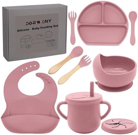 100% Silicone Baby Feeding Set,BPA Free Baby Dishes Set with Suction Bowl Divided Plate,Toddler Self Feeding Dish Set with Spoons Forks Sippy Cup and Bib, Baby Eating Utensils (Coral) by Dormlony