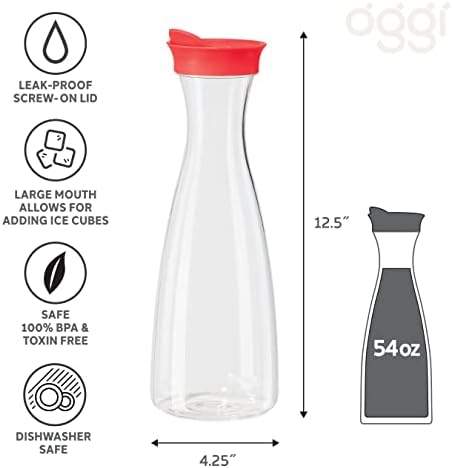 OGGI Clear Carafe With Flip Open Lid - Ideal Juice Bottle, Pitcher for Tea and Water, 1.6 Lt (54Oz), Red Lid - Image 6