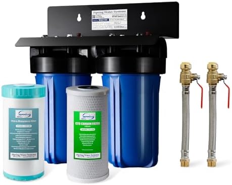 iSpring WGB21BM+AHPF12MNPT16X2 2-Stage Whole House Water Filtration System w/ 3/4'' Push-Fit Braided Stainless Steel Hose Connectors, Carbon Block and Iron & Manganese Reducing Filters by iSpring