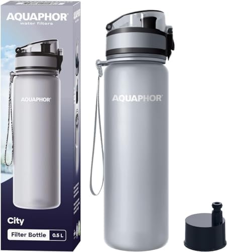 AQUAPHOR City Water Filter Bottle 17 oz | Reusable & Portable Filtered Water Bottle | BPA-Free | Perfect for Camping, Travel, Indoor & Outdoor Use | Grey by AQUAPHORWaterFilters