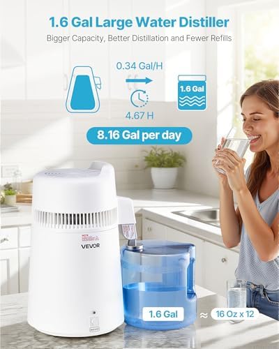 VEVOR Water Distiller, 6L/1.6 Gallon Large Distilled Machine, 900W Distilling Water Maker, 304 Stainless Steel Interior Stiller with Plastic Container, Countertop Distiller for Home, White - Image 2