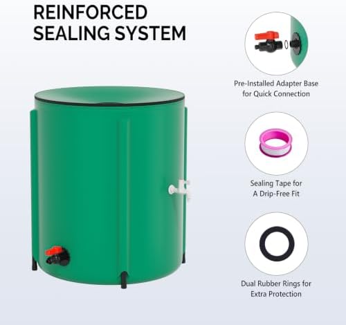 Outvita 50 Gallon Collapsible Rain Barrel with Volume Mark, Rainwater Collection System, Portable Foldable Garden Water Storage Tank, Water Container with Filter Overflow Kit Faucet Green - Image 4