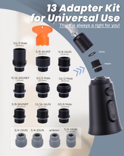 WOWOW Kitchen Faucet Head Replacement, 3 Function Pull Down Faucet Sprayer Head with 13 Adapters, Matte Black Kitchen Sprayer Nozzle Compatible with Moen, Delta, Kohler Faucets - Image 3