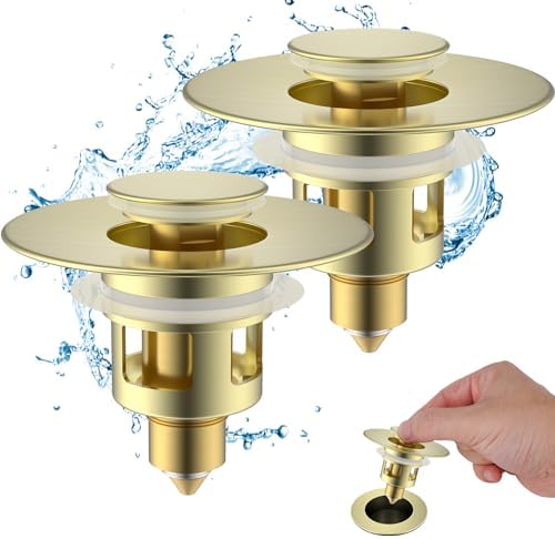 Hibbent 2 Pack All Metal Universal Bathroom Sink Stopper for 1.1''~2.3'' Basin, Pop Up Sink Drain Strainer, Brass Core Push Type Stopper, Stainless Steel Anti Clogging Drain Filter, Brushed Gold by Hibbent