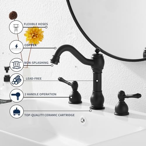 2 Handles 3 Holes Faucet Widespread Bathroom Sink Faucet Basin Tap Mixer Supply Hose Included Matching Pop Up Drain Matte Black - Image 4