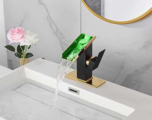 One Hole Bathroom Faucets LED Waterfall Spout Black and Gold RGB 3 Colors Light Changing Temperature Lavatory Vanity Sink Faucet Brass Single Handle Modern Washbasin Bath Tap Commercial Residential - Image 3