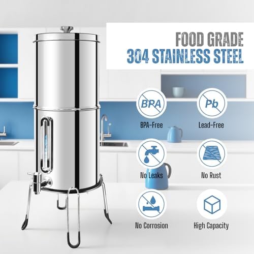SINCHO 2.25G Gravity Water Filter System with Level Window – 3-Stage Stainless Steel System, 2 Washable Ceramic Filters, No Electricity Needed - Image 2