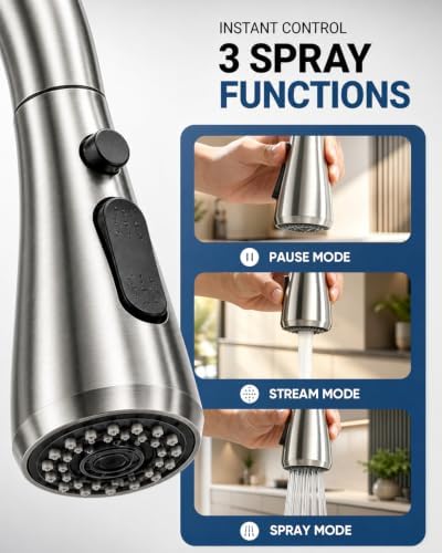 Kitchen Faucet with Pull Down Sprayer and Soap Dispenser, Brushed Nickel 304 Stainless Steel Single Handle with 3 Spray Modes, 18-Inch Hose, 10-Inch Deck Plate - Image 3