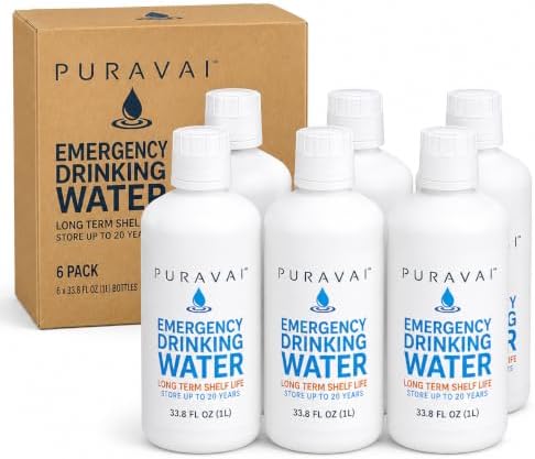 Ready Harvest Puravai Emergency Drinking Water, 6-Pack (1 Liter Bottles), 20-Year Shelf Life, Long-Term Water Storage for Emergency Preparedness, Disaster Kits, Survival Supplies by ReadyHarvest