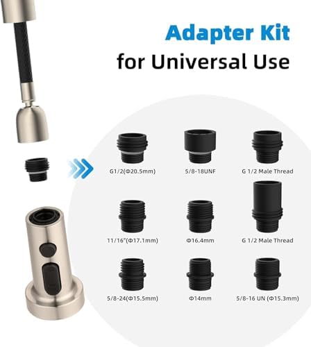 Hibbent NSF/ANSI/CAN 61 & CUPC Certified Pull Down Kitchen Faucet Head Replacement, 3 Function Sink Faucet Sprayer Nozzle with 15 Adapters, Compatible with Moen, Delta, Kohler Faucets, Brushed Nickel - Image 4