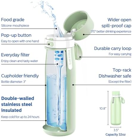 PHILIPS Filtered Water Bottle Stainless Steel Travel Keeps Cold 32oz Green - Image 2