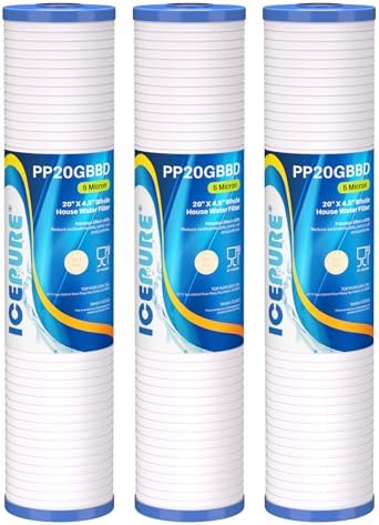 ICEPURE 5 Micron 20" x 4.5" Whole House Grooved Sediment Water Filter Cartridge Replacement for AP810-2, DGD-5005-20, CFDGD2501-20BB, SDC-45-2005, RS18-20, 3Pack by ICEPURE
