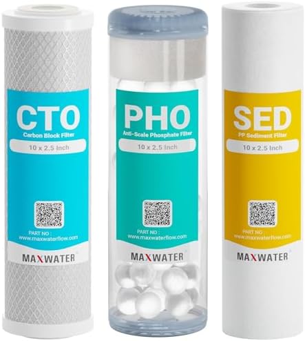 10" Standard Whole House Whole House Anti Scale Filter Set - 10" x 2.5" Polypropylene Sediment, Phosphate Anti-Scale, CTO Carbon Block Water Filter pack, Total of 3 Filters by MaxWater