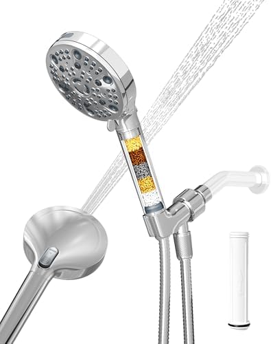 Filtered Handheld Shower Head for Hard Water, High Pressure Showerhead with 7 Spray Modes, Power Jet & Pause, Detachable & Adjustable for Healthier Skin & Hair - Chrome(VMASSTONE HM-003) by VMASSTONE
