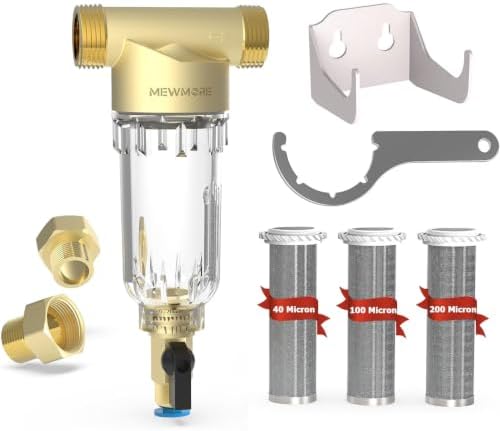WHC40 Sediment Filter with Bracket, 40 & 100 & 200 Micron Reusable Spin Down Sediment Water Filter, Whole House Water Filter for Well Water, Home Pre-filtration System by MewMore