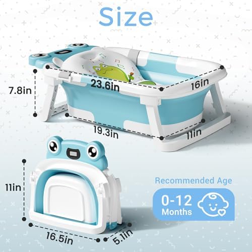 BUNWAG Baby Bathtub, Collapsible Newborn Bathtub for Infant to Toddler with Soft Cushion and Thermometer,Portable Travel Newborn Tub with No-Slip Feet, Baby Shower Gifts, 0-12 Months Baby Bath, Blue - Image 3