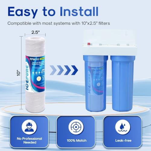 ICEPURE 10 Micron 10" x 2.5" String Wound Sediment Water Filter Cartridge for Well filter Universal Replacement for Any 10 inch RO Unit, WP-5, Aqua-Pure AP110 CFS110 Culligan P5 WFPFC4002 CW-MF, 6PACK - Image 2