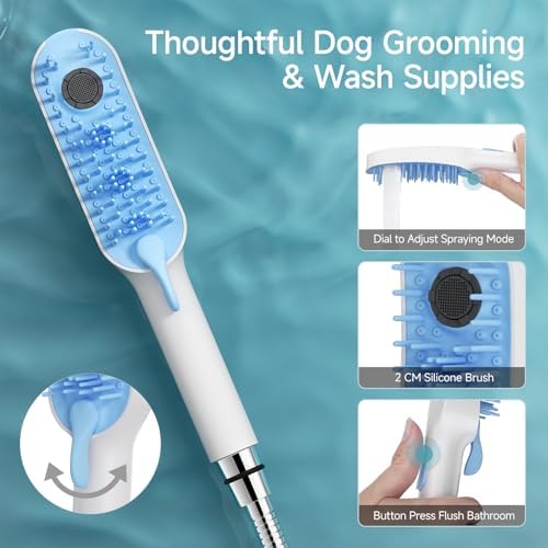 Dog Shower Attachment with 4 Adjustable Spray Patterns, Pet Shower Attachment Hose for Easy Installation, Dog Shower Brush for Bathing and Grooming, Indoor/Outdoor Use，Blue/White - Image 4